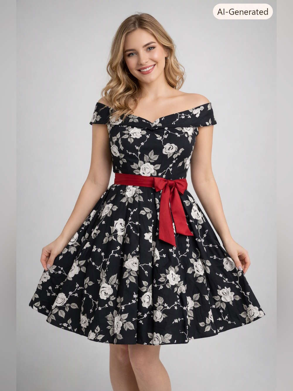 Hell Bunny Vixen Retro Floral Swing Dress with Red Sash - Size SM